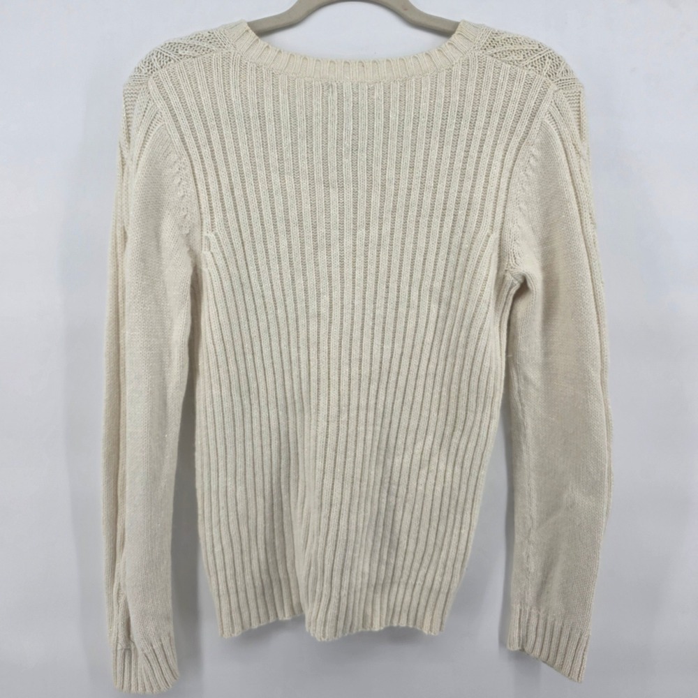 ST JOHNS BAY Womens Small Cream Cable Knit V Neck Sweater Angora Blend Sparkle - Picture 3 of 7